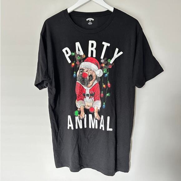 Holiday Time Men's Party Animal Pug Short Sleeve Pullover Graphic T-Shirt Size M - Picture 2 of 10